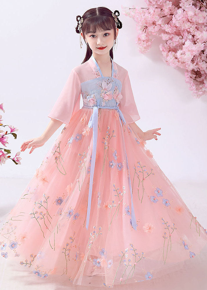 Beautiful Pink Embroideried Patchwork Cotton Kids Girls Long Dresses Summer