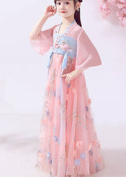 Beautiful Pink Embroideried Patchwork Cotton Kids Girls Long Dresses Summer