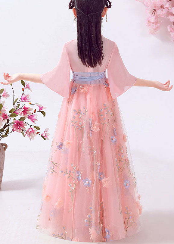 Beautiful Pink Embroideried Patchwork Cotton Kids Girls Long Dresses Summer