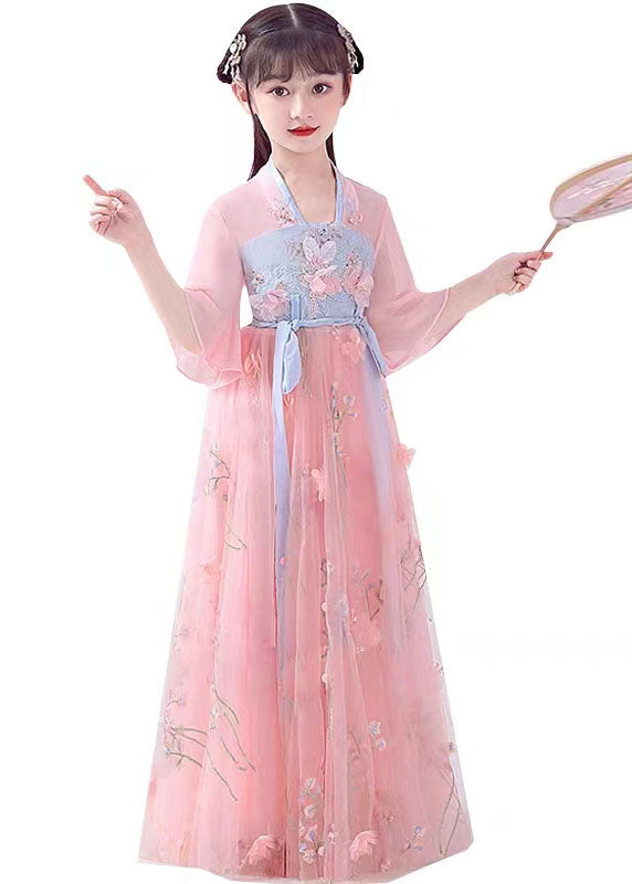 Beautiful Pink Embroideried Patchwork Cotton Kids Girls Long Dresses Summer