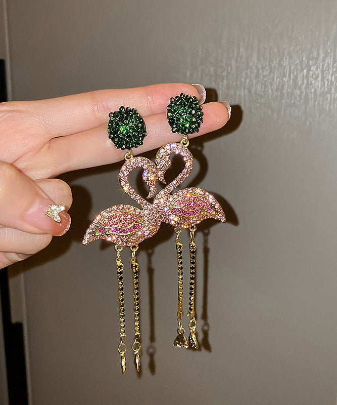 Beautiful Pink Flamingo Zircon Tassel Silver Drop Earrings