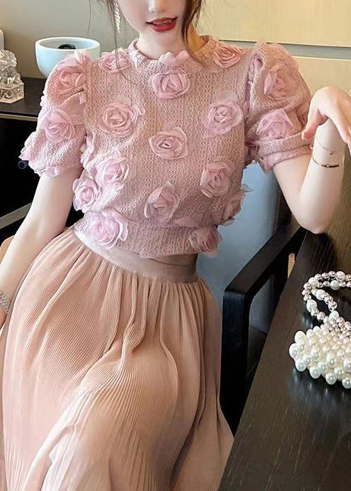 Beautiful Pink Floral Hollow Out Knit Top Summer