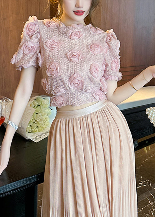 Beautiful Pink Floral Hollow Out Knit Top Summer