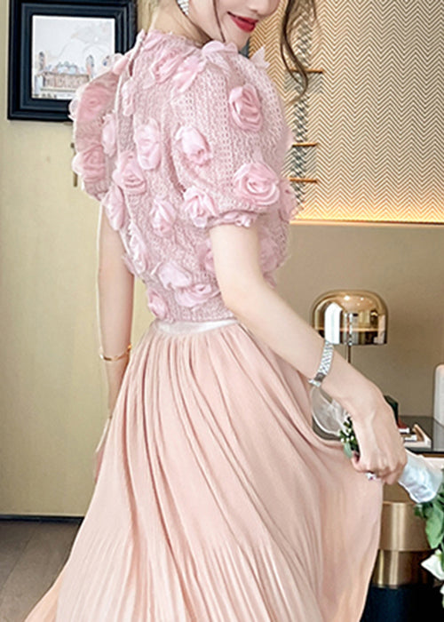 Beautiful Pink Floral Hollow Out Knit Top Summer