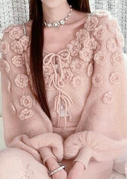 Beautiful Pink Floral Lace Up Knit Sweaters Fall