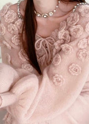 Beautiful Pink Floral Lace Up Knit Sweaters Fall