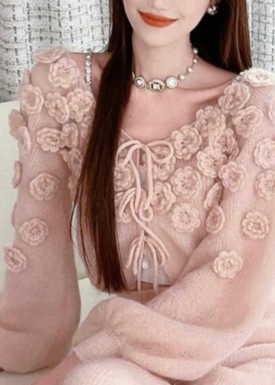 Beautiful Pink Floral Lace Up Knit Sweaters Fall