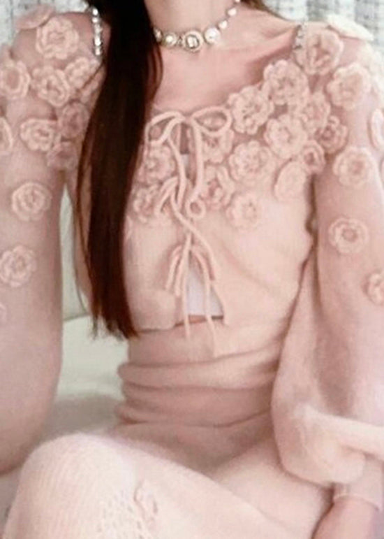 Beautiful Pink Floral Lace Up Knit Sweaters Fall