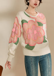 Beautiful Pink Floral Patchwork Cozy Cotton Knit Sweaters Fall