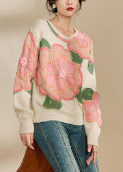 Beautiful Pink Floral Patchwork Cozy Cotton Knit Sweaters Fall