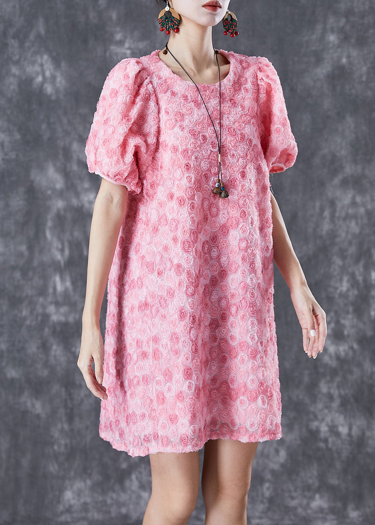 Beautiful Pink Floral Silk Mid Dresses Puff Sleeve