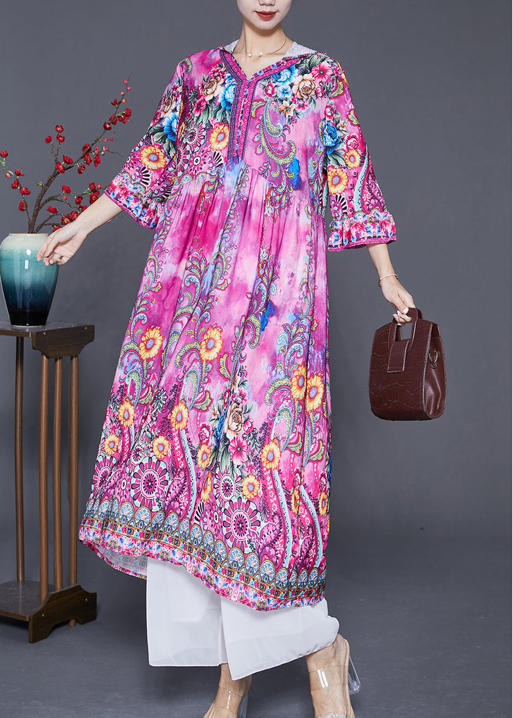 Beautiful Pink Hooded Print Silk Vacation Dresses Bracelet Sleeve