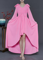 Beautiful Pink Low High Design Exra Large Hem Chiffon Vacation Dresses Fall