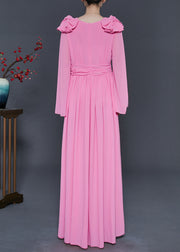 Beautiful Pink Low High Design Exra Large Hem Chiffon Vacation Dresses Fall