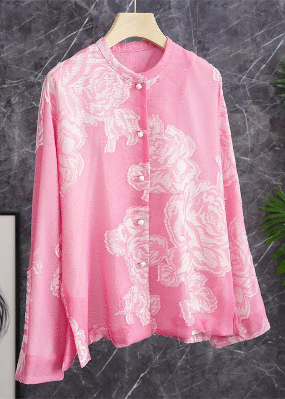 Beautiful Pink O Neck Button Print Silk Shirt Long Sleeve