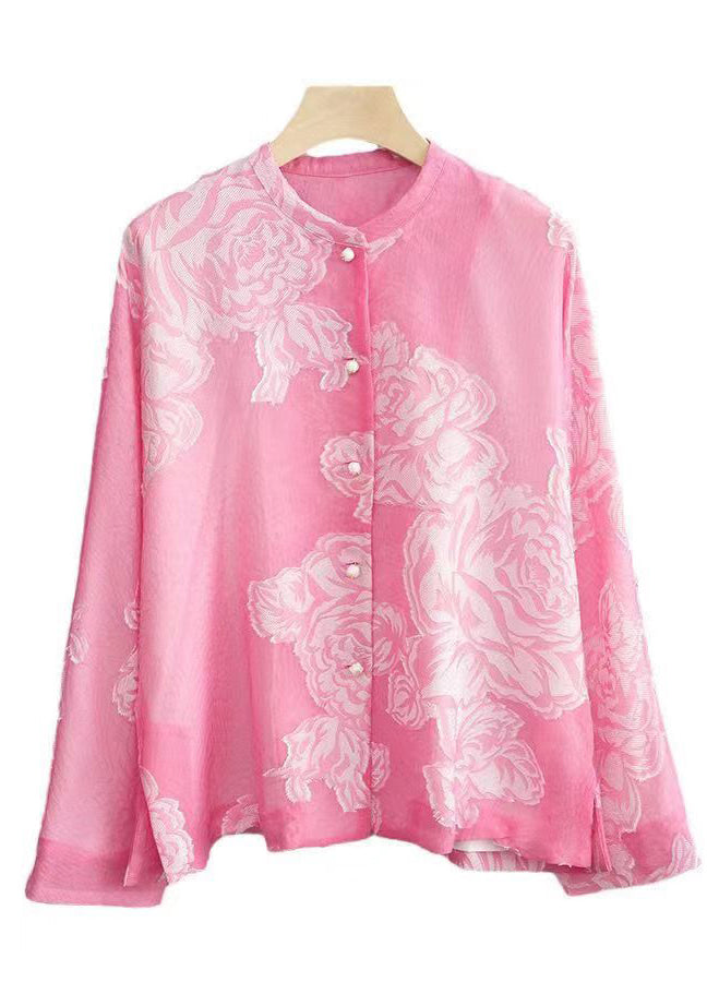 Beautiful Pink O Neck Button Print Silk Shirt Long Sleeve