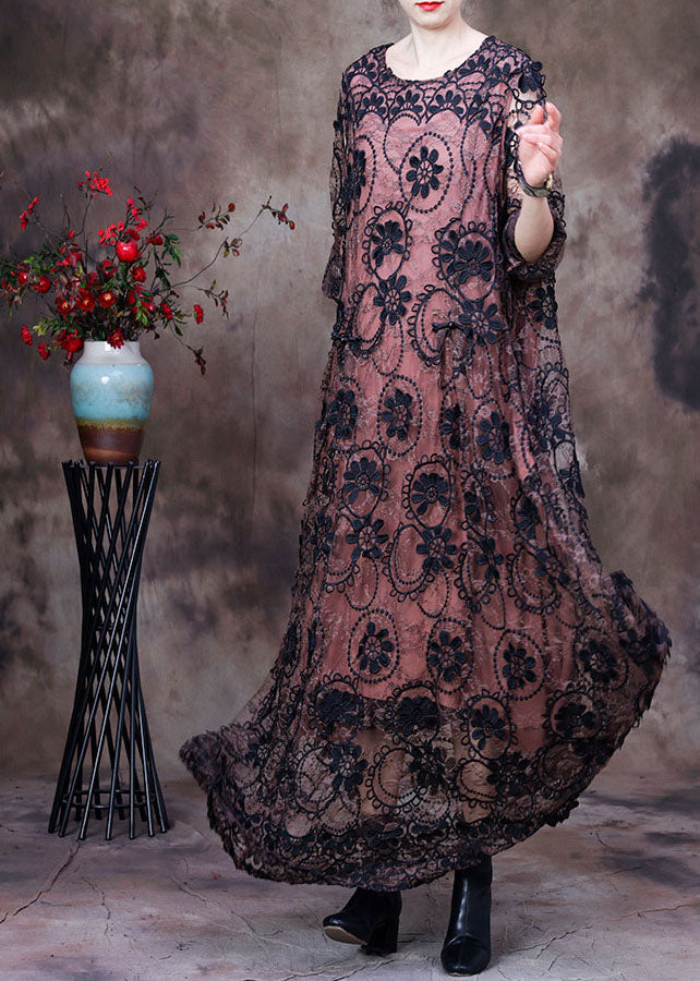 Beautiful Pink O-Neck Embroideried Lace Holiday Long Dress Long Sleeve