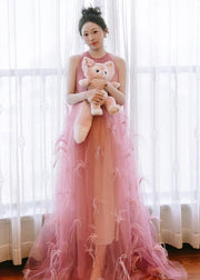 Beautiful Pink O Neck Feather Patchwork Tulle Maxi Dress Sleeveless