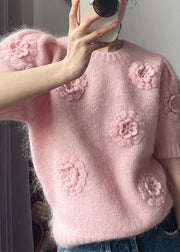 Beautiful Pink O Neck Floral Solid Knit Sweater Short Sleeve