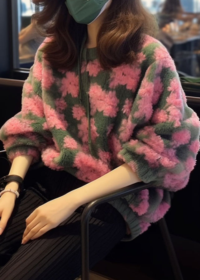 Beautiful Pink O Neck Jacquard Faux Fur Knit Sweaters Fall