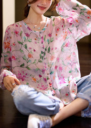 Beautiful Pink O Neck Print Loose Chiffon Blouse Top Fall