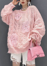 Beautiful Pink Oversized Hollow Out Applique Knit Sweater Tops Winter