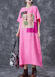 Beautiful Pink Oversized Patchwork Linen Ankle Dress Batwing Sleeve