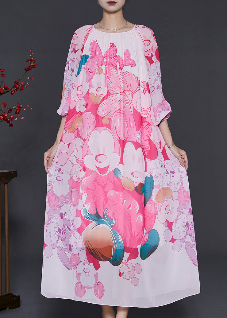 Beautiful Pink Oversized Print Chiffon Long Dress Summer