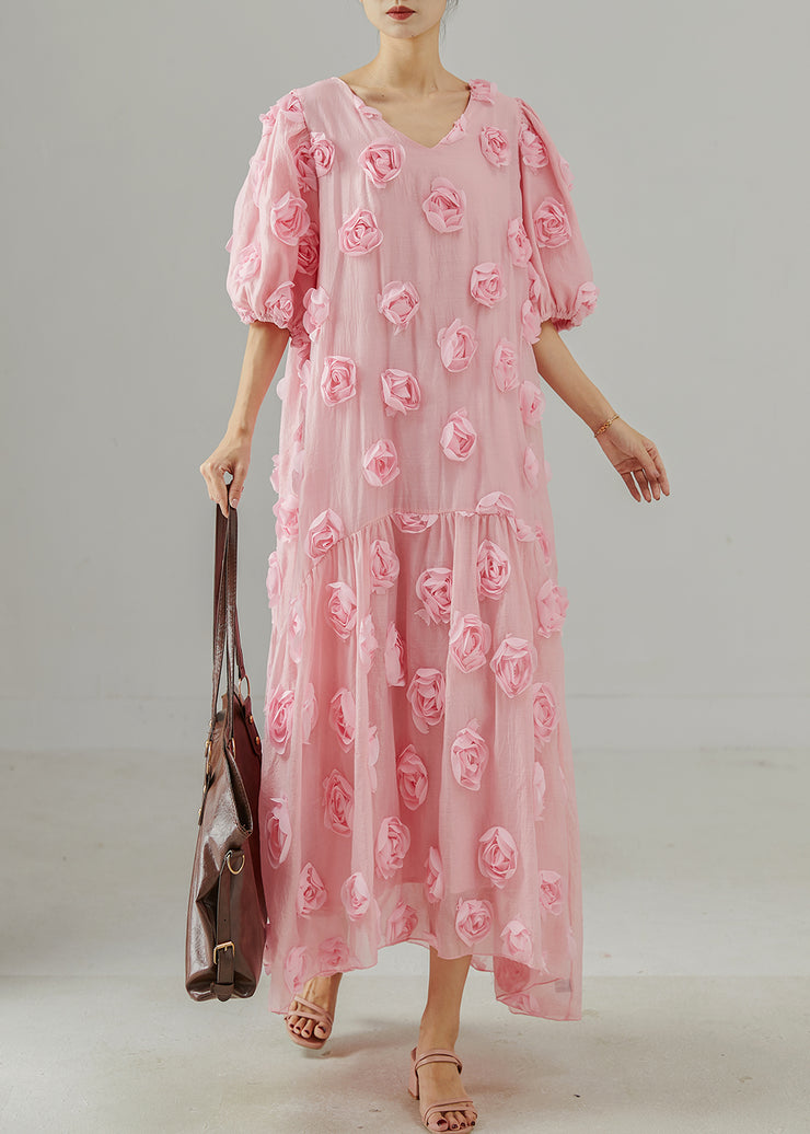 Beautiful Pink Oversized Stereoscopic Floral Cotton Party Dress Summer