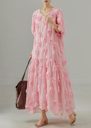 Beautiful Pink Oversized Stereoscopic Floral Cotton Party Dress Summer