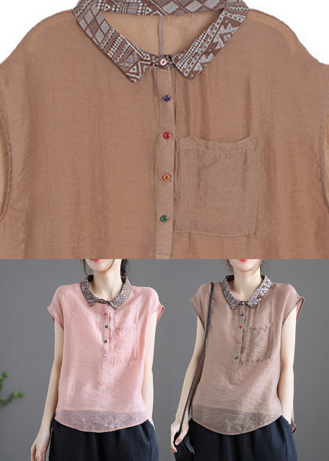 Beautiful Pink Peter Pan Collar Patchwork Button Linen Short Sleeve