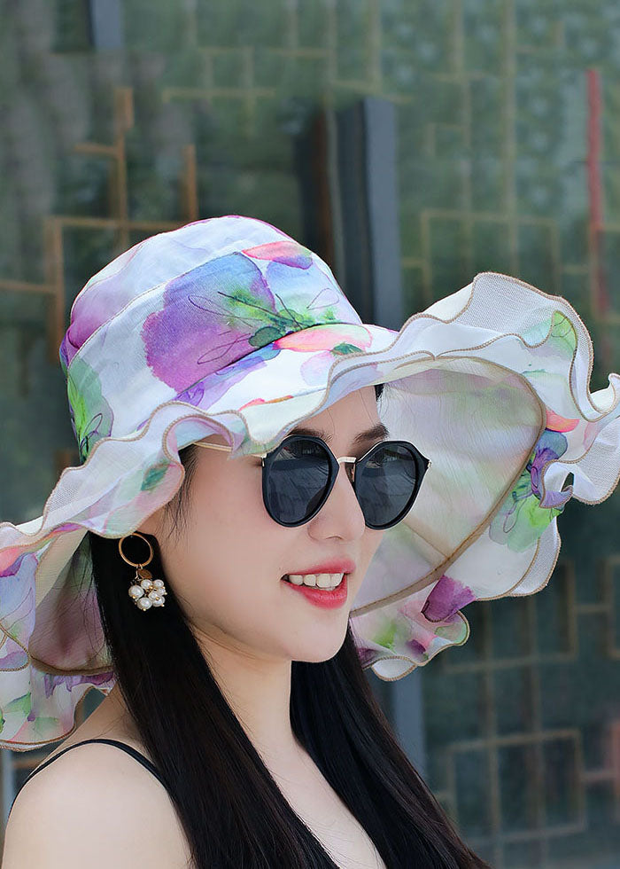 Beautiful Pink Print Ruffles Patchwor Tulle Beach Floppy Sun Hat