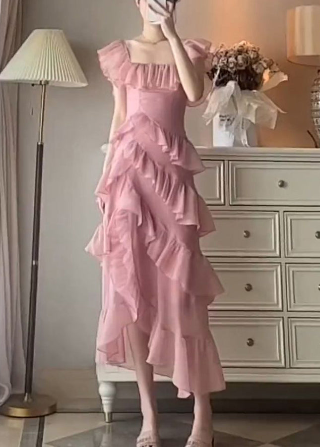 Beautiful Pink Ruffled Asymmetrical Design Patchwork Chiffon Dresses Summer