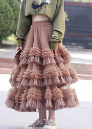 Beautiful Pink Ruffled High Waist Tulle Skirt Spring