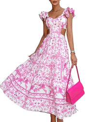 Beautiful Pink Ruffled Hollow Out Backless Print Dresses Summer