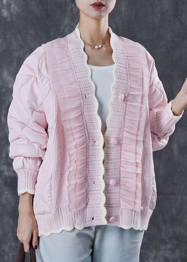 Beautiful Pink Ruffled Patchwork Knit Fine Cotton Filled Coat Spring