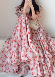 Beautiful Pink Ruffled Print Chiffon Long Dresses Short Sleeve