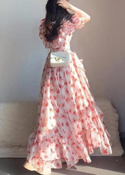 Beautiful Pink Ruffled Print Chiffon Long Dresses Short Sleeve