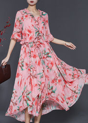 Beautiful Pink Ruffled Print Exra Large Hem Chiffon Dresses Summer