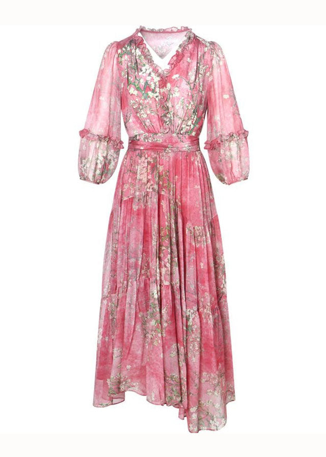 Beautiful Pink Ruffled Wrinkled Print Patchwork Silk Dress Summer