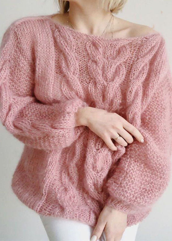 Beautiful Pink Slash Neck Hollow Out Knit Sweaters Winter