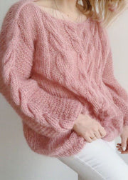 Beautiful Pink Slash Neck Hollow Out Knit Sweaters Winter