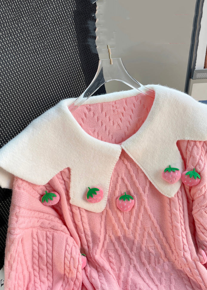 Beautiful Pink Strawberry Patchwork Cozy Knit Tops Winter