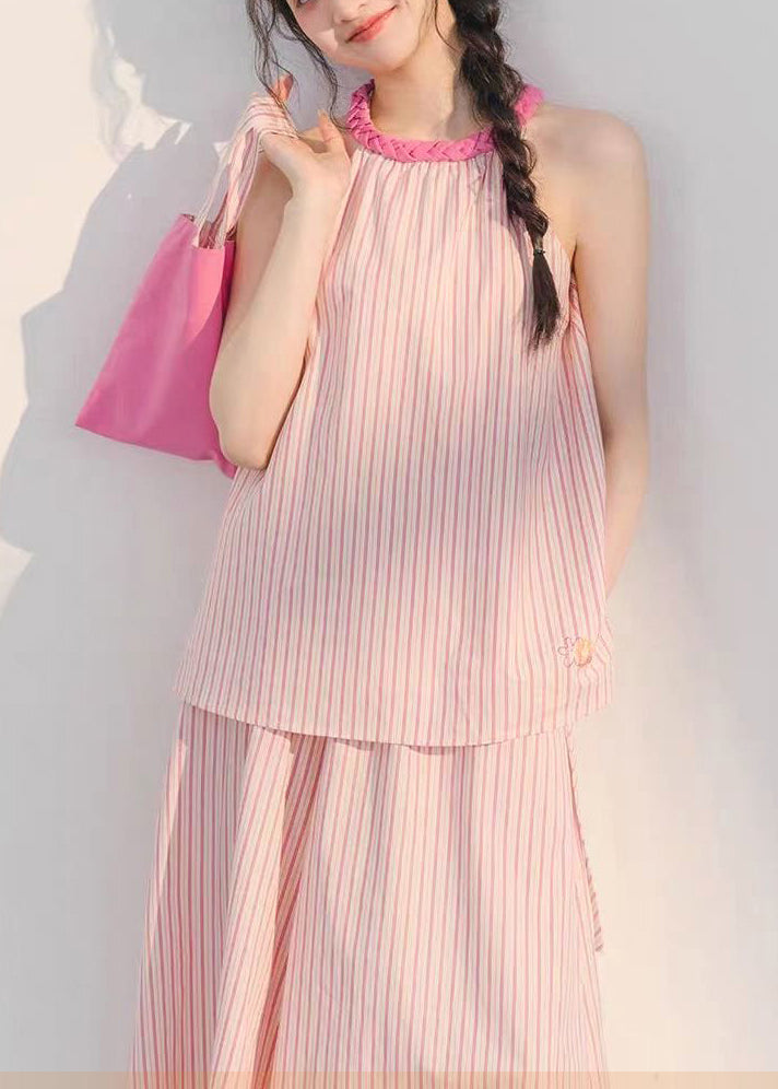Beautiful Pink Striped Tops And Crop Pants Cotton Two Pieces Set Sleeveless
