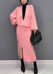 Beautiful Pink V Neck Button Woolen Top And Maxi Skirts Two Pieces Set Winter