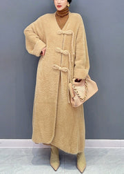 Beautiful Pink V Neck Button Woolen Trench Coat Long Sleeve