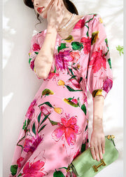 Beautiful Pink V Neck Print Tunic Chiffon Long Dresses Summer