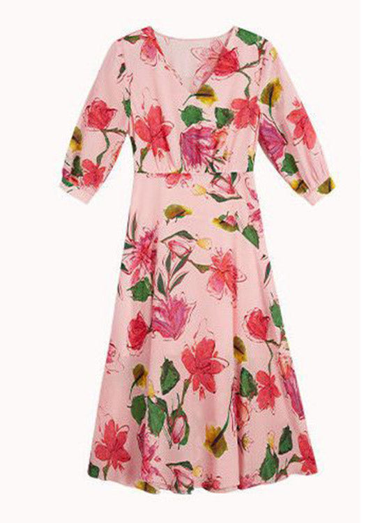 Beautiful Pink V Neck Print Tunic Chiffon Long Dresses Summer