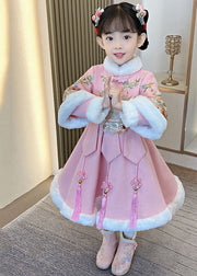 Beautiful Pink Warm Fleece Button Girls Holiday Long Dress Winter