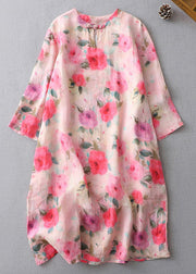 Beautiful Print O-Neck Button Cotton Mid Dress Half Sleeve